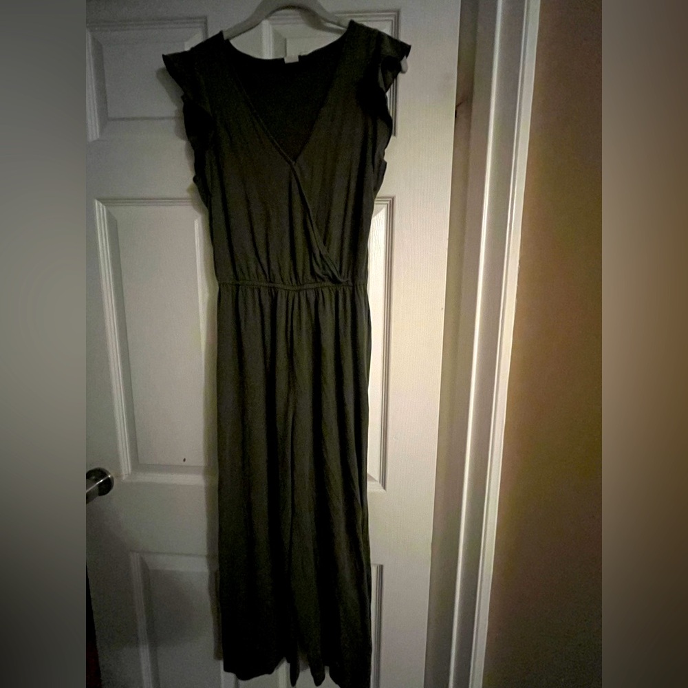 GAP Dark Green Maxi Jumpsuit with Ruffle Sleeves